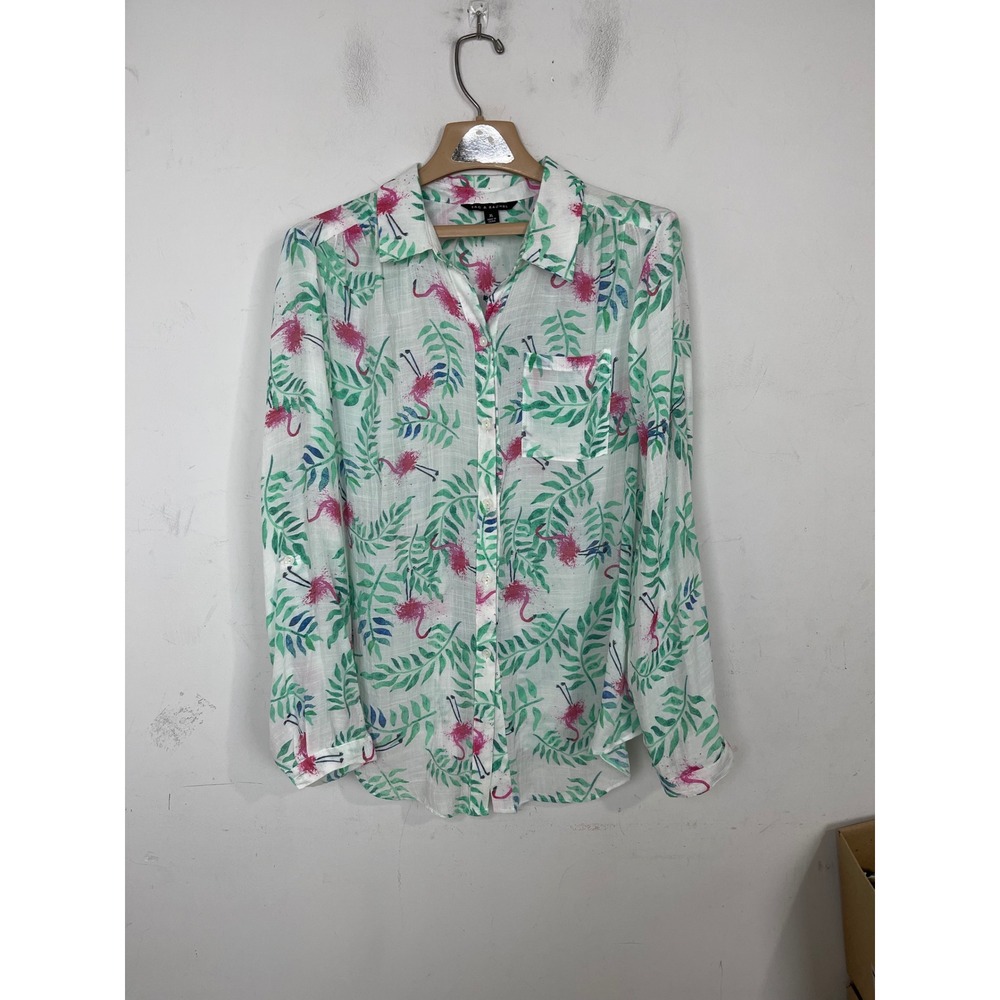 Zac & Rachel Womens XL Flamingo Palm Leaf Tropical Button Down Shirt Long Sleeve
